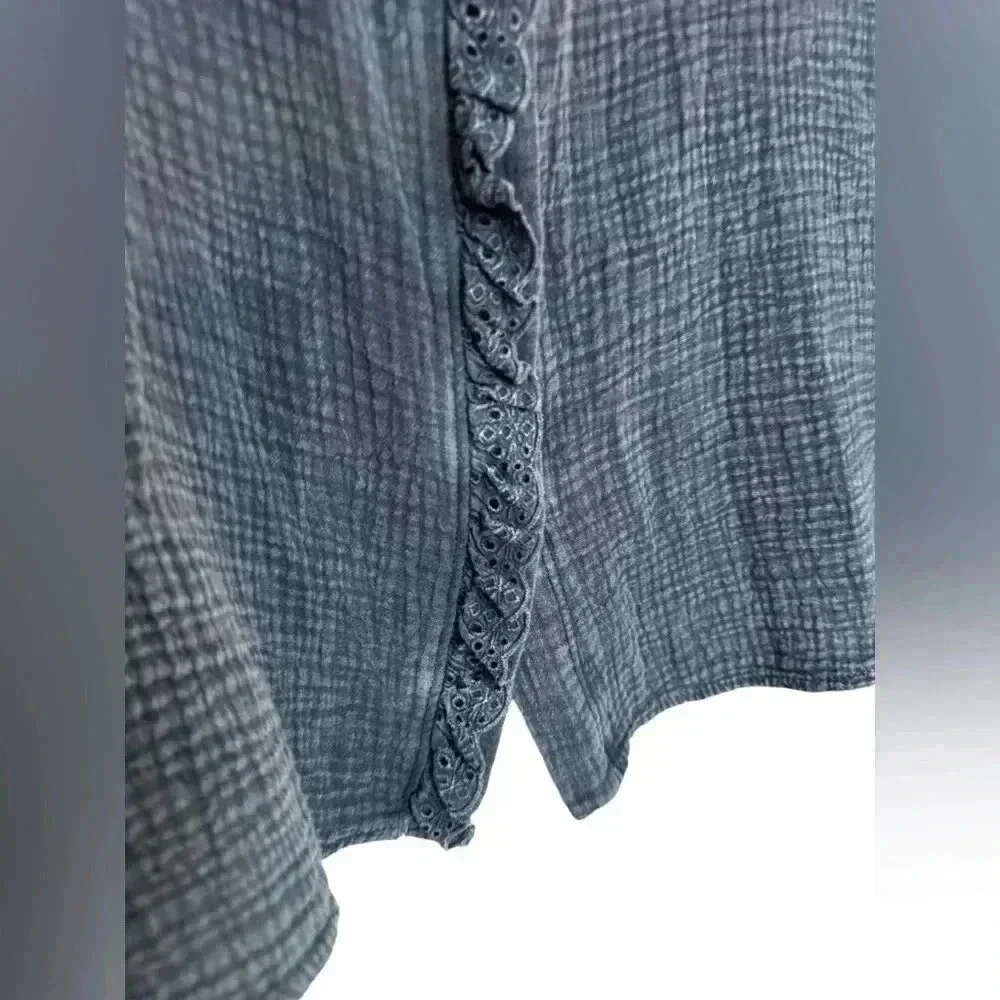 MAZIK Charcoal Gray Eyelet Ruffle Button Down Long Sleeve Tunic Shirt